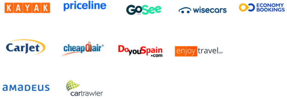 OTA partner logos including Kayak, Priceline, GoSee, WiseCars, EconomyBookings, CarJet, cheapOair, Amadeus, and CarTrawler